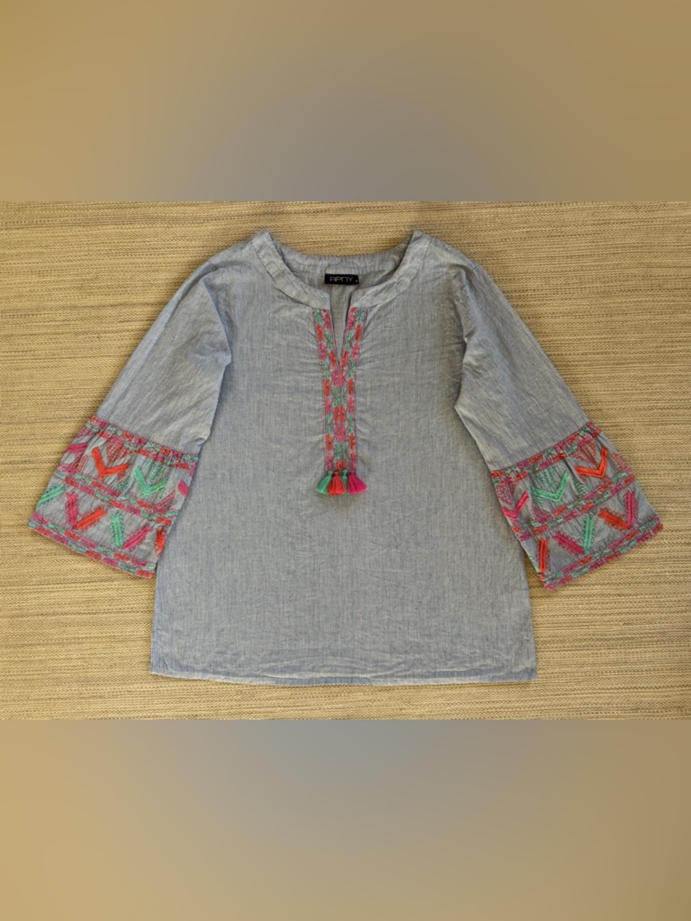 APNY blue stripe embroidered cotton popover top split neck bell sleeve women S